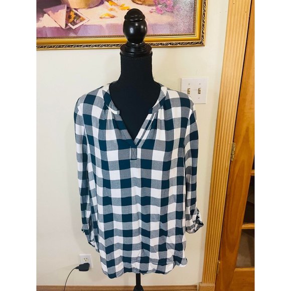 Time & Tru Turquoise Plaid V-Neck Custom Fall Graphic Blouse Size M 8-10 - Picture 2 of 10